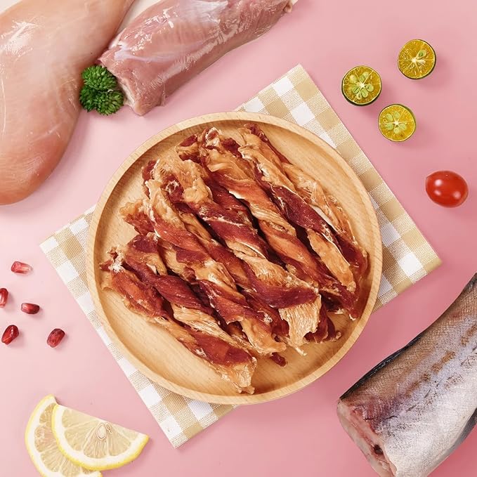 Dog Jerky Treats Triple Flavor Chicken Duck Wrapped Cod Twisted Sticks 5'', Rawhide Free Grain Free Dog Training Snacks Chews for Small Medium Large Dogs, 10.6 oz-Mewly Pet