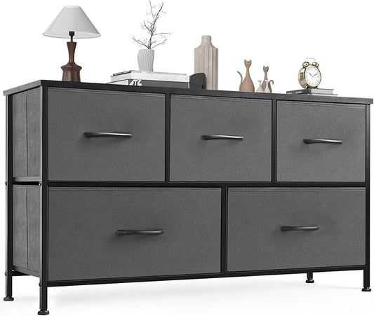 OLIXIS Dresser for Bedroom, 5 Storage Drawers, Wide Fabric Closet Chests Organizer Tower Furniture, TV Stand with Wooden Top Metal Frame for Clothes, Living Room, Hallway, Entryway, Classic Grey