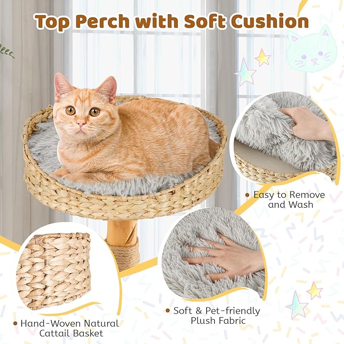 Tangkula Cat Tree Tower, Solid Wood Modern Cat Tower with Top Cattail Basket Bed, Side Perch, Large Platform & Cat Condo, Cute Cat Tree with Scratching Posts for Indoor Cats Large Adult-Mewly Pet