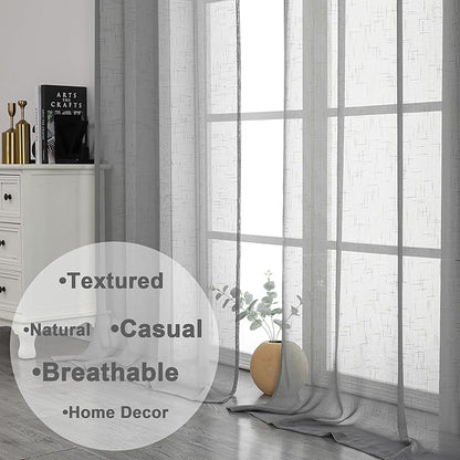 Aiyufeng Gray Faux Linen Sheer Curtains 96 Inches Long 2 Panels, Light Filtering Textured Soft Rod Pocket Window Curtain Panels for Farmhouse Living Room Bedroom, Each 40Wx96L Inch, Grey