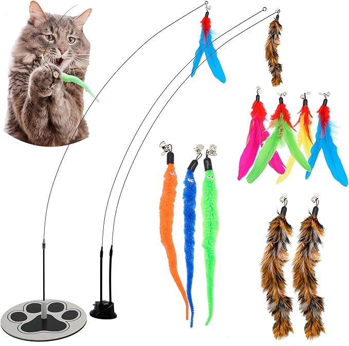 Suction Cup Cat Toys for Indoor Cats Interactive Suction Cup Cat Wand Toy Feather Teaser for Indoor Cats & Kittens Multi Surface Base for Hands Free Play-Mewly Pet