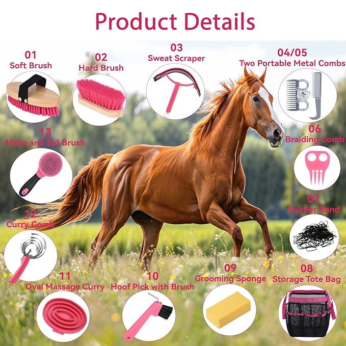 Horse Grooming Kit 13 Piece, Horse Brushes for Grooming Supplies with Tote Bag, Horses Tack Brush Set for Effective Grooming and Cleaning, Gift for Horse Riders Beginners (Pink)-Mewly Pet