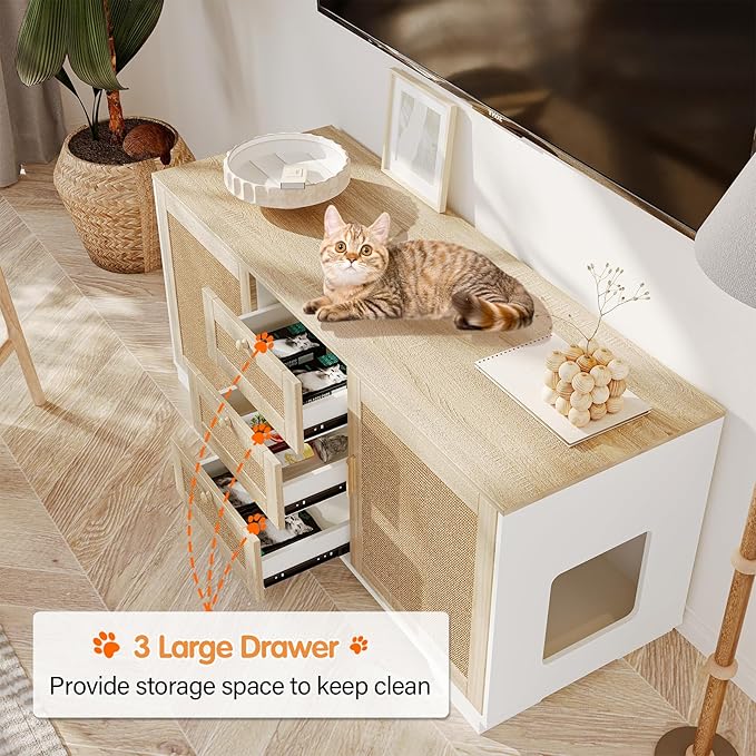 Cat Litter Box Enclosure Furniture Hidden Indoor 2-in-1 Wooden Cat & Washroom Cabinet with Scratching Board Doors and 3 Drawer for 2 Cats, 55"x20"x24"H-Mewly Pet