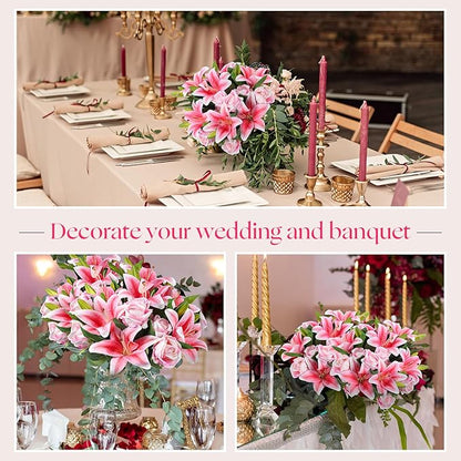 Hotop 20 Pcs Artificial Flowers Velvet Realistic Roses and Latex Lilies Flowers Bouquet Decorations Arrangements for Home Table Centerpieces Independence Day(Pink)