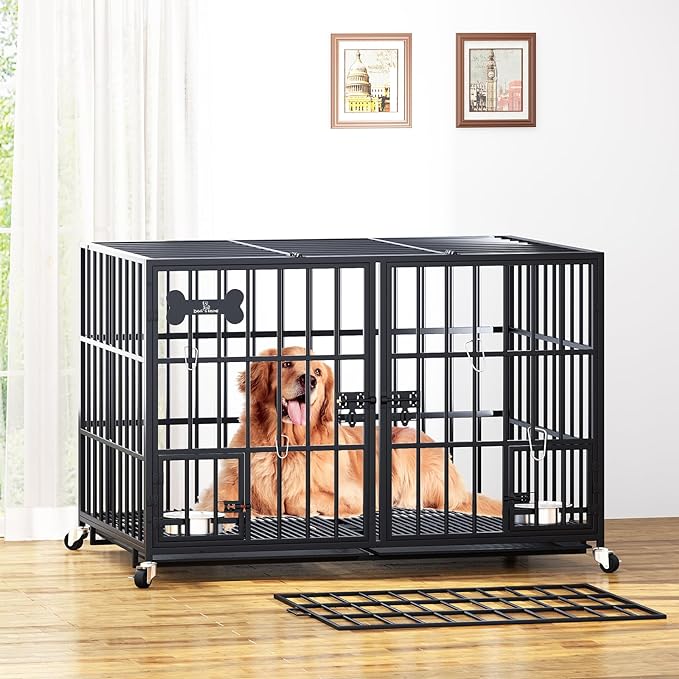 aboxoo 42/48 inch Heavy Duty Metal Dog Crate for 2 Dogs/Large Dog,All Metal Open Top Stackable,Dog Kennel Indoor with Wheels,Floor Grid, Tray, Divider and Feeding Bowl-Mewly Pet