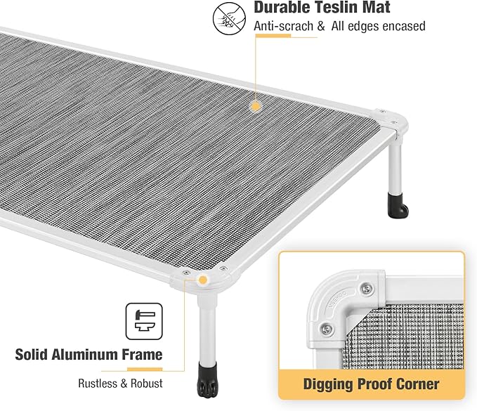 Veehoo Chew Proof Elevated Dog Bed - Cooling Raised Pet Cot - Silver Aluminum Frame and Durable Textilene Mesh Fabric, Unique Designed No-Slip Feet for Indoor or Outdoor Use, Black Silver, Medium-Mewly Pet