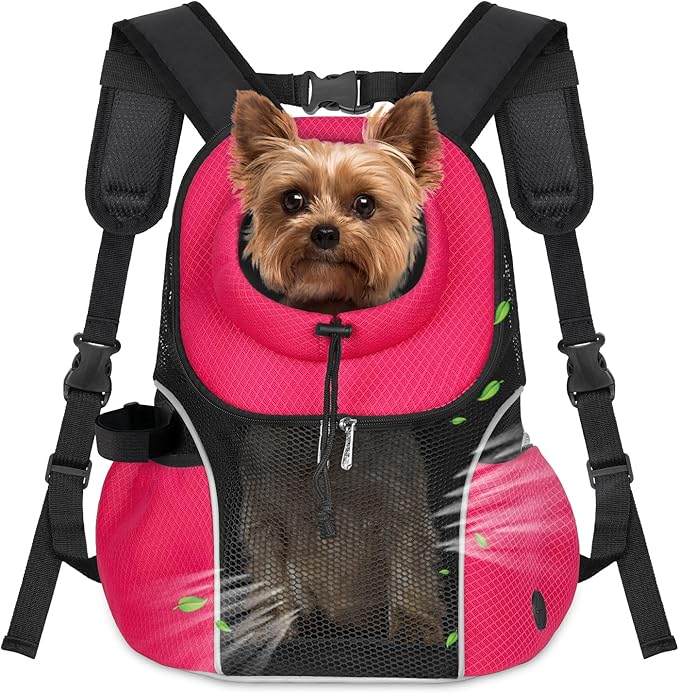 WOYYHO Pet Dog Carrier Backpack Small Dog Front Backpack Ventilated Mesh Dog Travel Back Pack with Safety Belt for Travel Hiking Cycling Outdoor Adventures (Size L: 10-14 lbs, Rethink Pink)-Mewly Pet