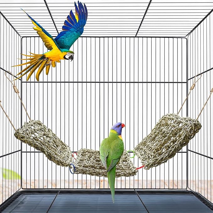 BNOSDM Bird Seagrass Mat, 3 PCS 7.1 x 7.1 Inches Parrot Natural Seagrass Woven Bird Net Hammock Mat, Parakeet Climbing Rope Ladder Chew Toys Hut Hideout for Lovebird Cockatiel Conure Budgie-Mewly Pet