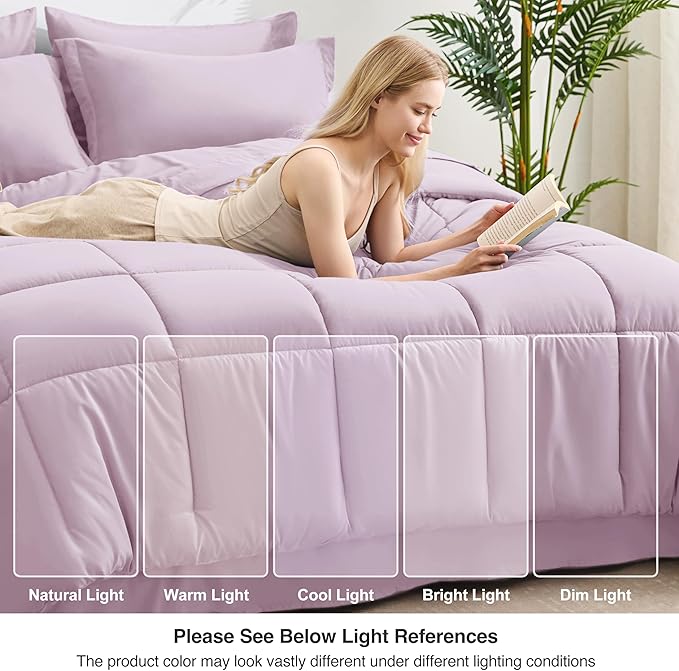 Love's cabin California King Comforter Set Light Purple, 7 Pieces California King Bed in a Bag, All Season Bedding Sets with 1 Comforter, 1 Flat Sheet, 1 Fitted Sheet, 2 Pillowcase and 2 Pillow Sham