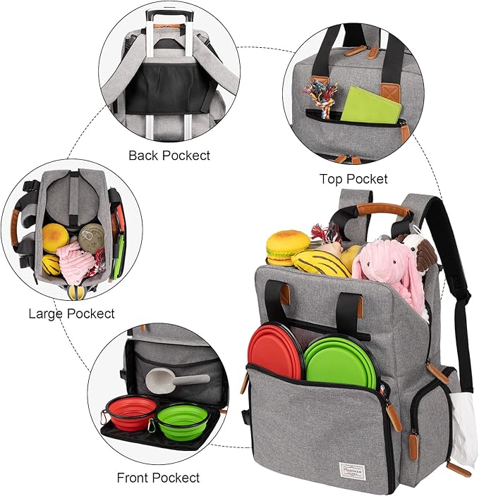 Modoker Dog Travel Bag, Airline Approved Backpack for Pet Accessories Organizer, Tote Weekend Bag with 2 Dog Food Storage Containers, 2 Collapsible Dog Bowls, 1 Pet Mat, Grey-Mewly Pet
