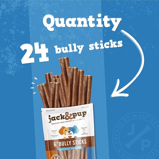 Jack&Pup 6" Bully Sticks for Dogs | Jumbo Odor Free Pizzle Sticks for Large Dogs | Single Ingredient, 100% Beef (Jumbo, 24 Pack)-Mewly Pet