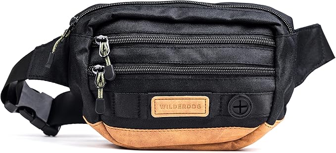 Wilderdog Utility Fanny Pack stores Treats, Balls, Keys in 3 Pockets with adjustable strap and Poop Bag dispenser (Black)-Mewly Pet