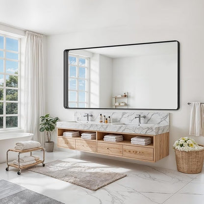Suidia Bathroom Mirror, 72" x 32" Wall Mirror Metal Framed, Bathroom Vanity Mirror for Living Room Bedroom Bathroom Entryway, Black, Rounded Corner Style