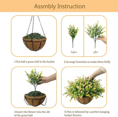 Artificial Hanging Flowers Basket for Outdoor, 16 Fake Flowers Look Real UV Resistant, Faux Hanging Plants for Porch, Balcony, Patio, Garden, Spring Summer Decor,Yellow