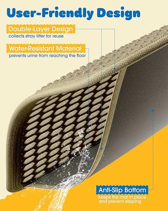 Cat Litter Mat - 23.2'' x 29.1'' Large Litter Trapping Mat, Easy to Clean Litter Box Mat, Waterproof, Urine-Proof, Non-Slip Kitty Litter Mats for Floor, Beige-Mewly Pet