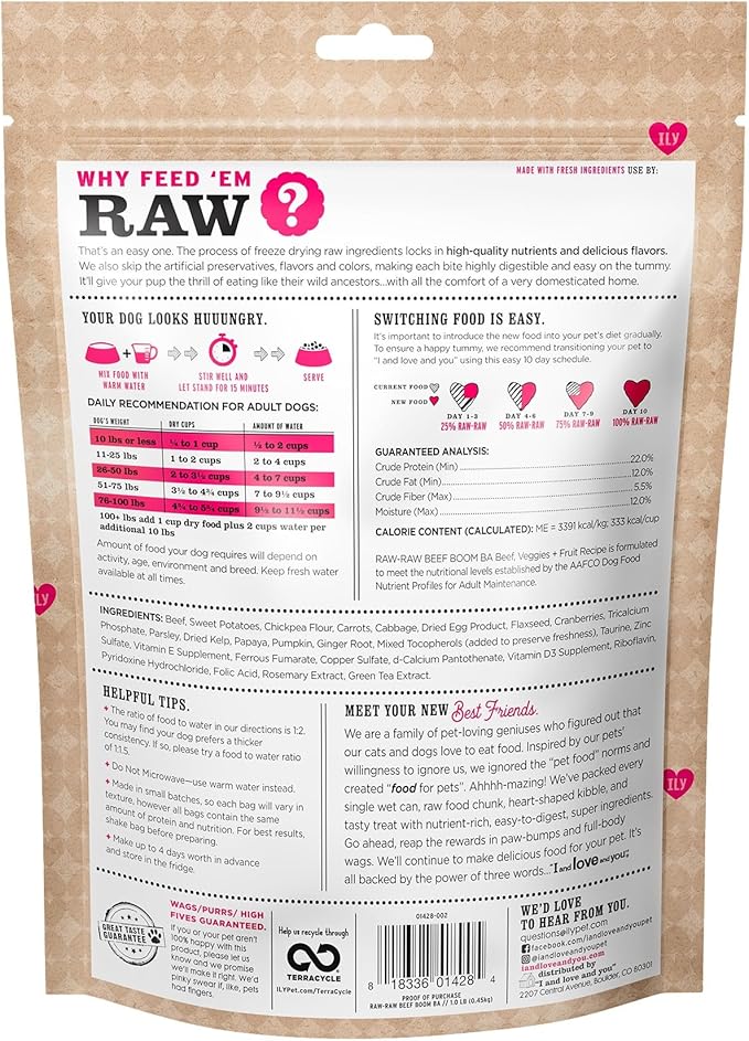 I AND LOVE AND YOU Stir and Boom Dehydrated Freeze Dried Raw Dog Food - Beef - Grain Free, Real Meat, No Fillers, 1lb Bag-Mewly Pet