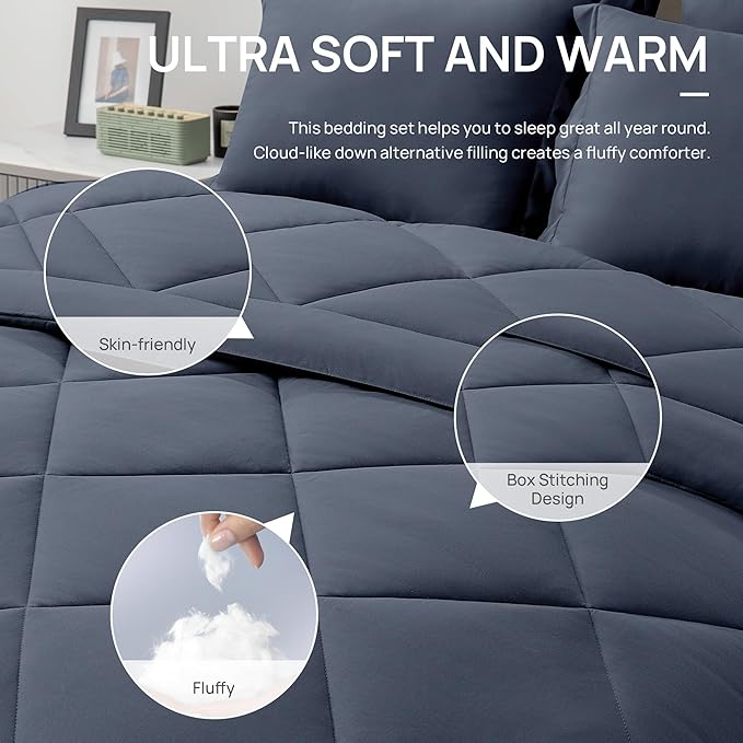 Love's Cabin 7-Piece Full Comforter Set – Navy Blue | All Season Bed in a Bag