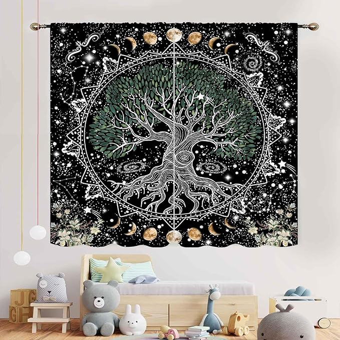 Life Tree Curtains, Hippie Sun Moon Trippy Tree of Life Bohemian Mandala Aesthetci Mystic Witchy Blackout Window Drapery Treatments for Bedroom Living Room Bathroom Decor, 84"x63" Inch
