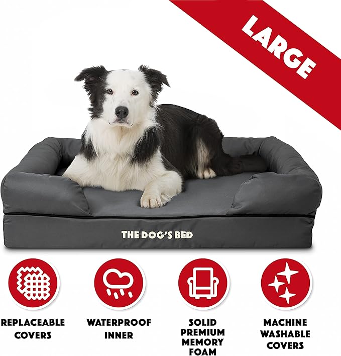 The Dog’s Bed Large Grey with Black Trim 36x27, Waterproof, Veterinary Grade Memory Foam, Pain Relief: Arthritis, Hip & Elbow Dysplasia, Post Surgery, Supportive, Washable Cover, Veterinary-Approved-Mewly Pet