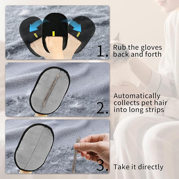 3 Pcs Pet Hair Removal Glove, Electrostatic Pet Hair Removal Gloves, Reusable Cat and Dog Hair Remover, for Couch, Carpet, Furniture, Car, Bedding, Cat Grooming Gloves-Mewly Pet