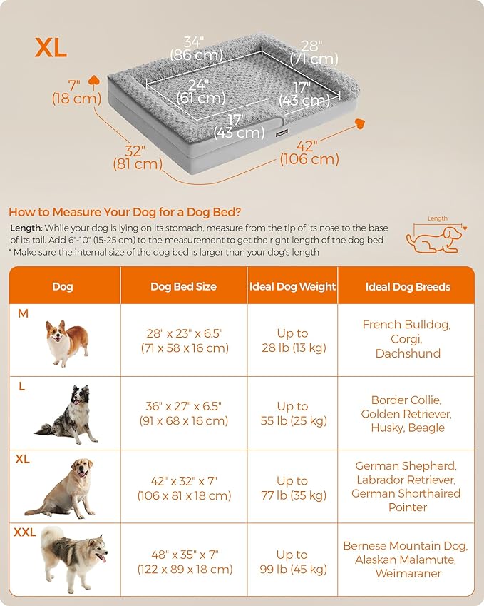 Feandrea Orthopaedic Dog Bed for Large Dogs, Waterproof Dog Sofa Bed with Removable Washable Cover, 42 x 32 x 7 Inches, Dove Gray UPGW253G01-Mewly Pet