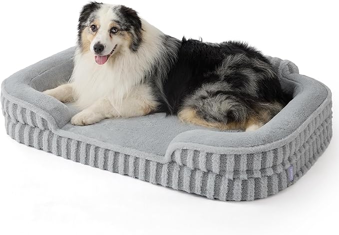 LE SURE Cute L-Plus Dog Beds, Orthopedic Waterproof Large Pet Bed with Sides, Non-Slip Bottom and Egg-Crate Foam Dog Couch Sofa with Washable Removable Cover, Grey-Mewly Pet