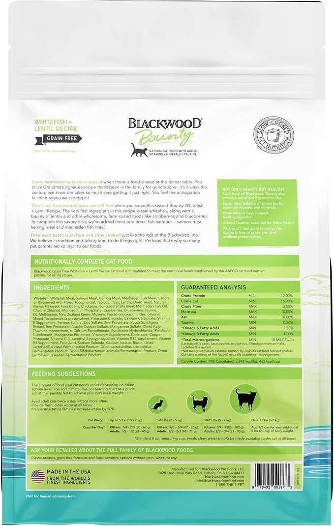 Blackwood Bounty Dry Cat Food, Whitefish & Lentil Recipe for All Life Stages, 2 Pound Bag, High Protein, Grain Free-Mewly Pet