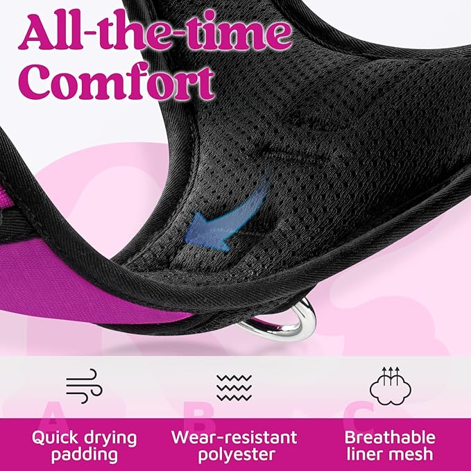 rabbitgoo Dog Harness Medium Sized, No Pull Dog Vest with 3 Buckles, Adjustable Soft Padded Pet Harness with Easy Control Handle and Reflective Strips, Purple, M-Mewly Pet