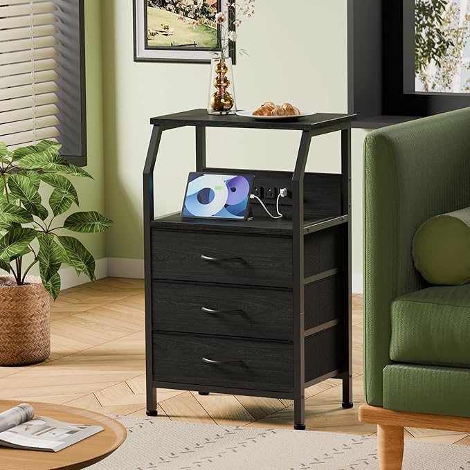 Furnulem Night Stand with Charging Station, 28.3 Inch Tall Side Table with Fabric Drawers and Storage Shelf, Bedside Table with USB Ports & Outlets, Nightstand for Bedroom, 3 Ways to Use, Black Oak
