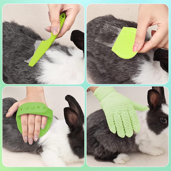 VCZONE 8 Pcs Small Animal Grooming Kit, Pink with Pet Nail Clipper and File, Flea Comb, Pet Shampoo Bath Brush, Pet Shedding Slicker Brush, Bath Massage Glove, Cleaning Comb (Green)-Mewly Pet