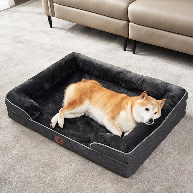 EHEYCIGA Orthopedic Dog Beds for Extra Large Dogs, Waterproof Memory Foam XL Pet Bed with Sides, Non-Slip Bottom and Egg-Crate Foam Big Dog Couch Bed with Washable Removable Cover, Dark Grey-Mewly Pet