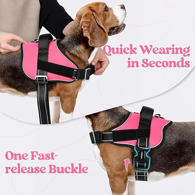 rabbitgoo Dog Harness Medium Sized, Easy On Pet Vest with One Buckle, No Pull Adjustable Service Harness with D-Ring & Handle, Reflective for Safety Walking, Training, Pink, M-Mewly Pet