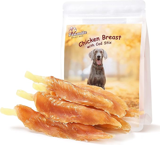 Dog Treats Chicken Tender Wrapped Cod Sticks, Rawhide-Free High Protein Dog Jerky Soft Chews, Healthy Training Snacks for Small Medium Large Dogs, 9-10 Counts, 10.6 oz-Mewly Pet