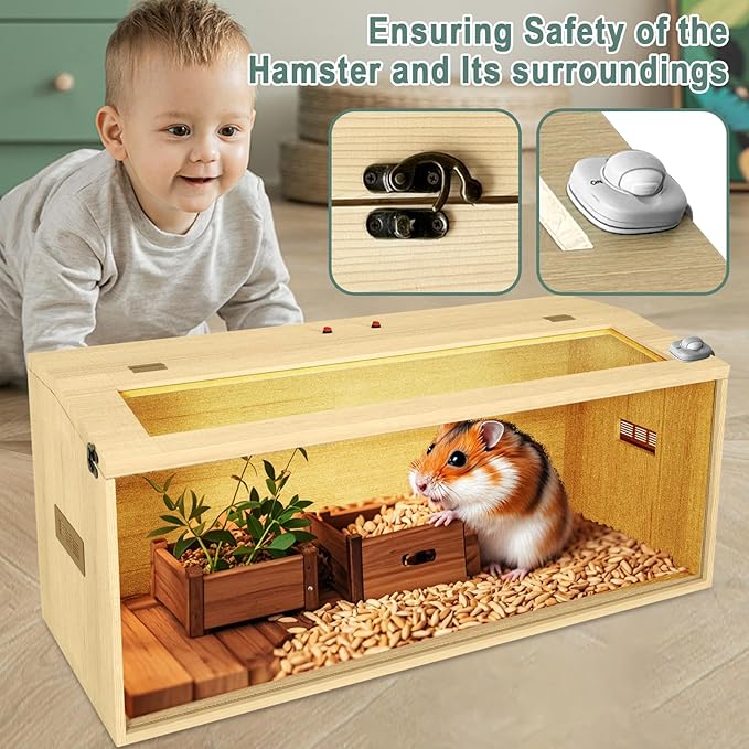 32" Hamster Habitat Enclosure, Top Opening Lockable Roof Door, Gerbil Dwarf Hamster Cage with Hygrometer, Chewproof Syrian Hamster Cage for Mice, Small Animal, (Wooden, 32" L x 16" W x 16" H)-Mewly Pet
