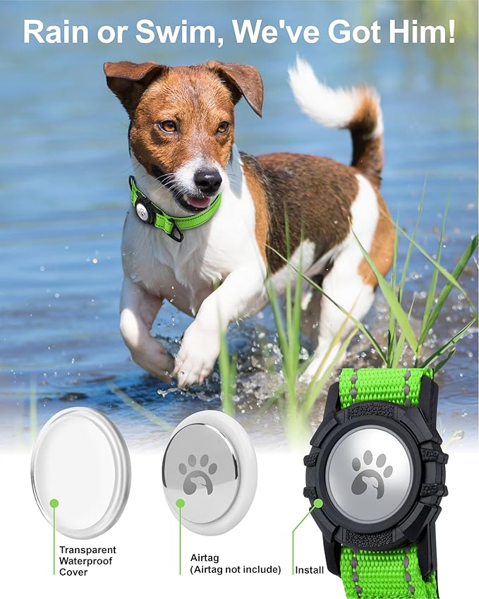 TagME Airtag Dog Collar,Waterproof Reflective Pet Collar with Airtag Holder,Soft Padded and Double D-Rings for Medium Dogs,Green-Mewly Pet