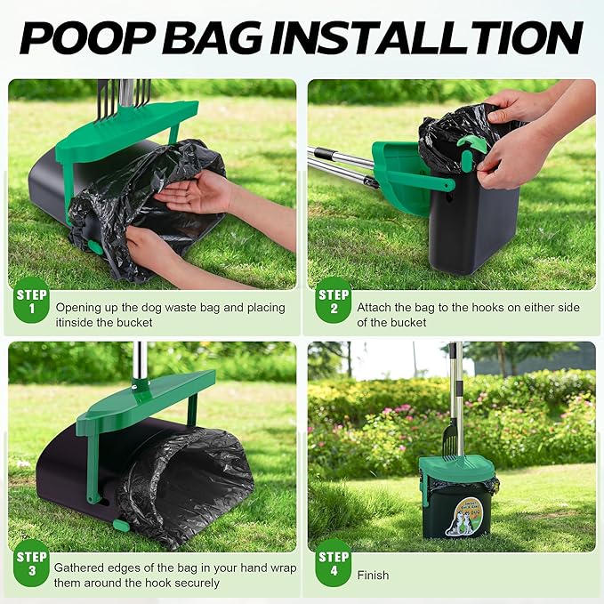 UPSKY Dog Pooper Scooper Swivel Bin & Rake Kit with 100 Waste Bags,33.4" Stainless Steel Long Handle Heavy Duty Pet Poop Shovel for Large Medium Small Dogs, Odor-Proof Lid for Yard/Lawn/Outdoor Use-Mewly Pet