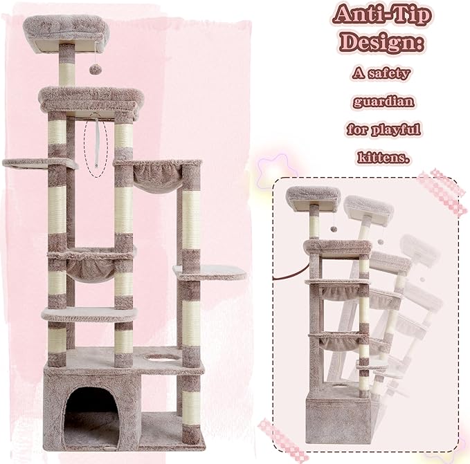 Heybly Heavy Duty Cat Tree, 71-Inch Tall Tower for Large Maine Coon with Extra-Large Baseboard, Cat Condo Furniture with Multi-Level Platforms, 2 Hammocks and 12 Scratching Posts, Muchroom HCT037MU-Mewly Pet