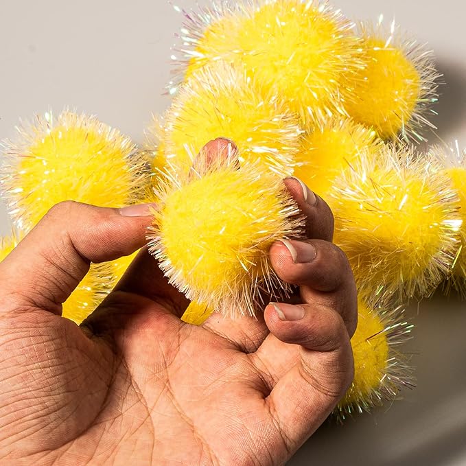 VAPKER 30 Pcs Cat Ball Toys Sparkle Balls Extra Large 2 Inch Cat's Favorite Chase Glitter Ball Glitter Tinsel Pom Poms Balls Yellow Color-Mewly Pet