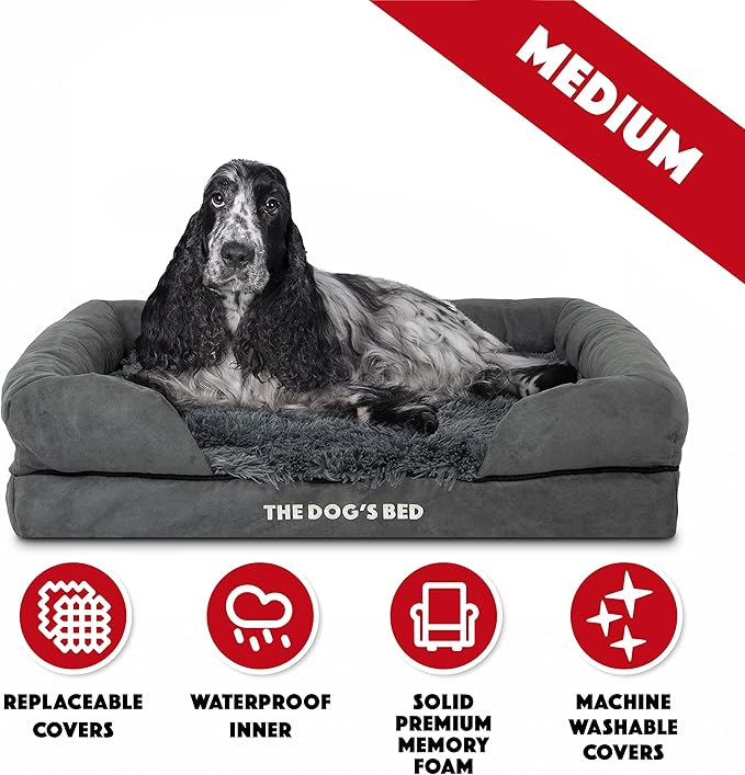 The Dog’s Bed, Medium Grey Faux Fur 30x23.5, Memory Foam, Pain Relief: Arthritis, Hip & Elbow Dysplasia, Post Surgery, Lameness, Supportive, Calming, Washable Cover, Veterinary Approved-Mewly Pet