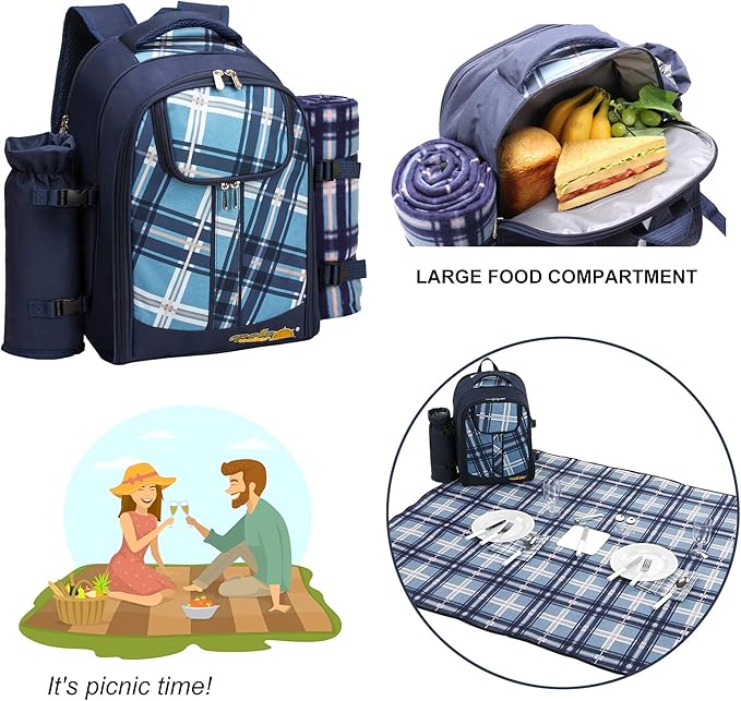Apollo Walker Picnic Backpack Bag for 2 Person with Cooler Compartment, Detachable Bottle/Wine Holder, Fleece Blanket, Plates and Cutlery (Blue)-Mewly Pet
