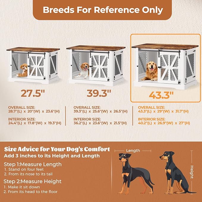 VOPEAK 43.3" XL Dog Crate Furniture, Chew Resistant Dog Crate for Medium Large Dogs, Heavy Duty Extra Large Dog Crate Dog Kennel Indoor with Double Doors, Wooden End Table for Living Room, White-Mewly Pet