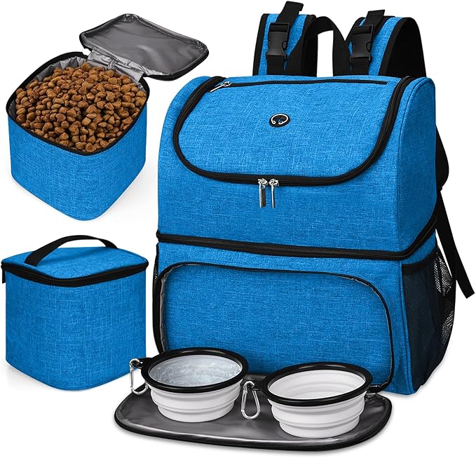 BAGLHER Pet Travel Bag, Double-Layer Pet Supplies Backpack (for All Pet Travel Supplies), Pet Travel Backpack with 2 Silicone Collapsible Bowls and 2 Food Baskets Blue-Mewly Pet