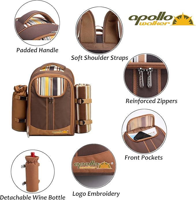 apollo walker Picnic Backpack Bag for 2 Person with Cooler Compartment, Detachable Bottle/Wine Holder, Fleece Blanket, Plates and Cutlery(2 Person, Brown)-Mewly Pet