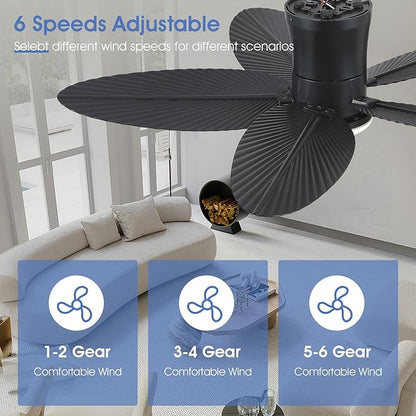 Palm Leaf Ceiling Fans with Lights-42 Tropical Ceiling Fan with Light and Remote/APP Control,Flush Mount Low Profile Black Ceiling Fans for Bedroom,Indoor/Outdoor Patio Use