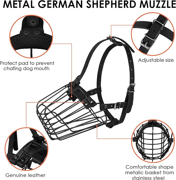 German Shepherd Dog Muzzle Metal Basket for Medium Large Dogs Adjustable Durable Leather Straps Secure Wire Mask for Biting Chewing Barking (Black, M - Size)-Mewly Pet