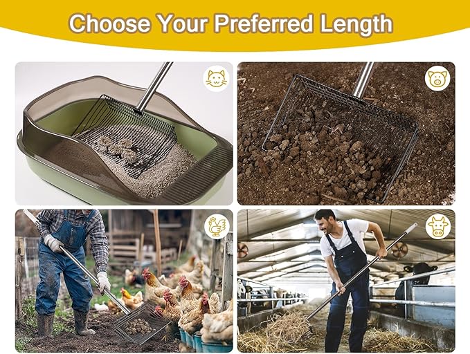 Large Metal Chicken Poop Scooper, Detachable 20 to 63 inches Long Metal Handle, Stainless Steel Chicken Coop Cleaning Tool, Heavy-Duty Pooper Sifting Shovel for Chicken Coop Accessories-Mewly Pet
