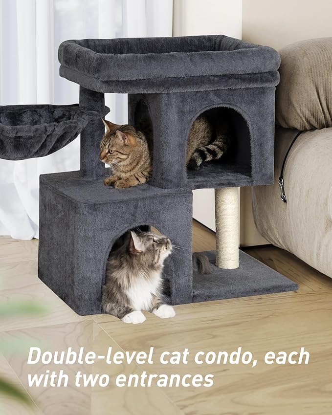 Cat Tree with Large Top Perch, 21.6in Cat Tower with Big Hammock and Dual Condos, All-in-one Cat Activity Center-Mewly Pet