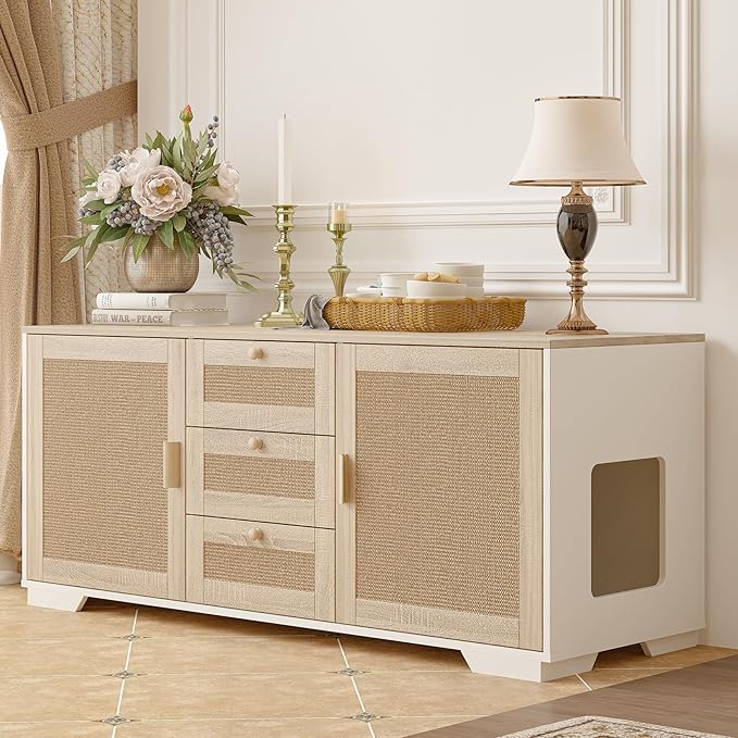 Cat Litter Box Enclosure Furniture Hidden Indoor 2-in-1 Wooden Cat & Washroom Cabinet with Scratching Board Doors and 3 Drawer for 2 Cats, 55"x20"x24"H-Mewly Pet