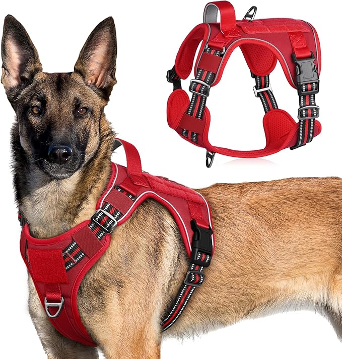 rabbitgoo Tactical Dog Harness for Large Dogs, No Pull Military Service Vest with Handle & Molle, Easy Control for Training Walking, Adjustable Reflective Straps, Red, XL-Mewly Pet