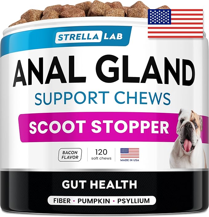 STRELLALAB Anal Gland Support Chews - Scoot Treatment - Digestive Enzymes, Prebiotics & Fiber Supplement for Dogs Digestion & Gut Health. Proprietary Blend of Beet, Psyllium, Dandelion & Pumpkin 120Ct-Mewly Pet
